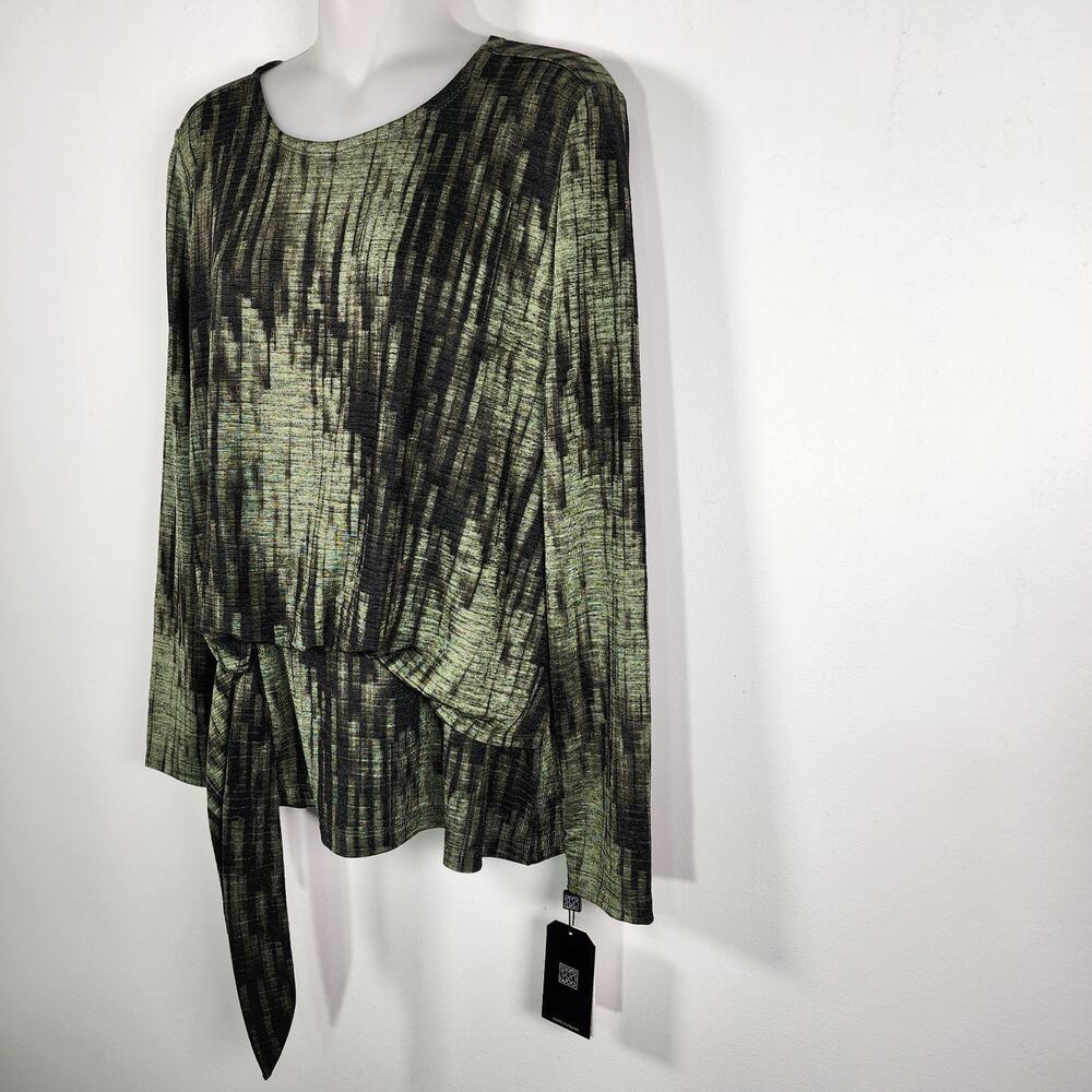 Clara Sun Woo Crinkle Pleat Blouson Overlay Side Tie Detail Top Small Olive Soft - Picture 6 of 10